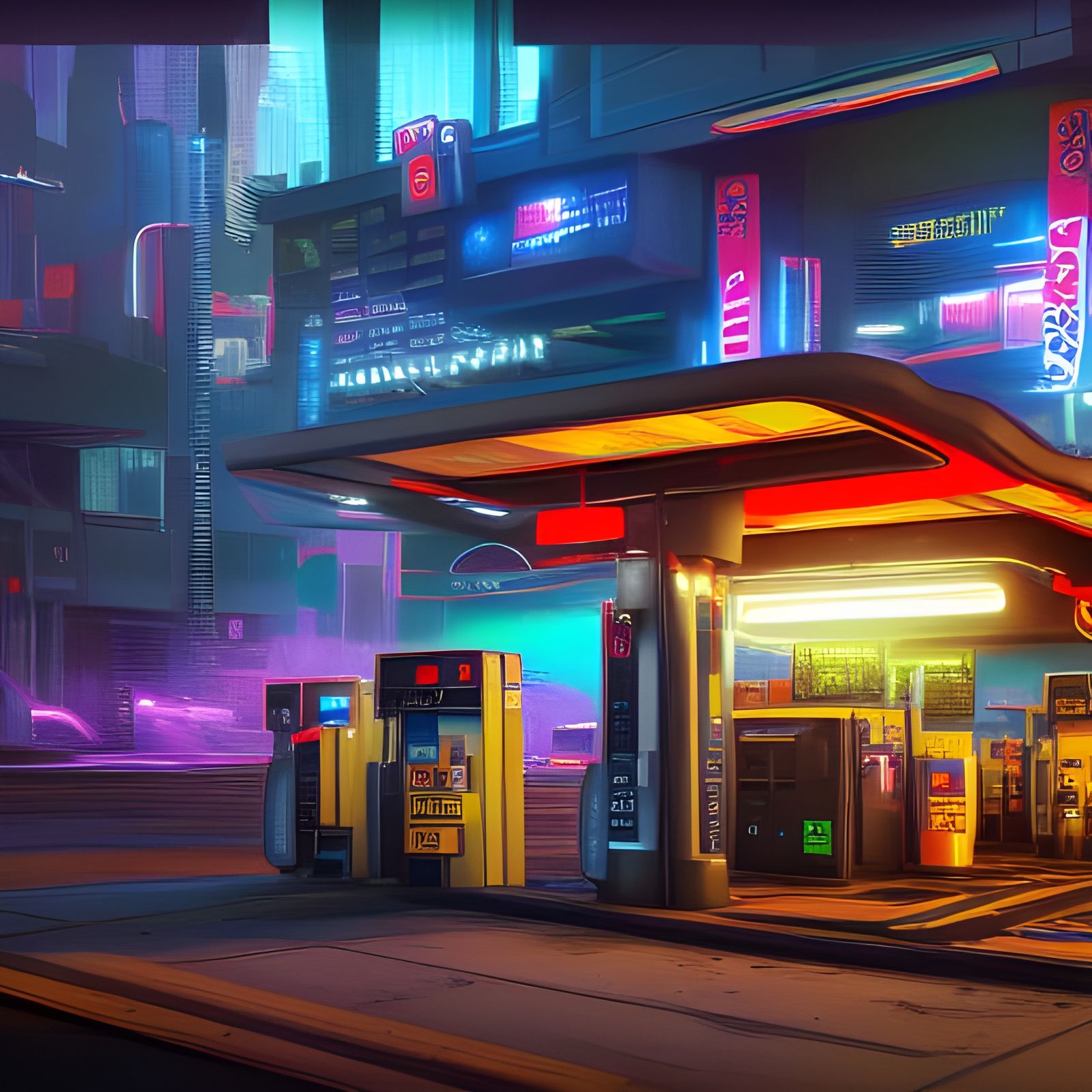Cyberpunk Gas Station in Detailed Matte Painting Style