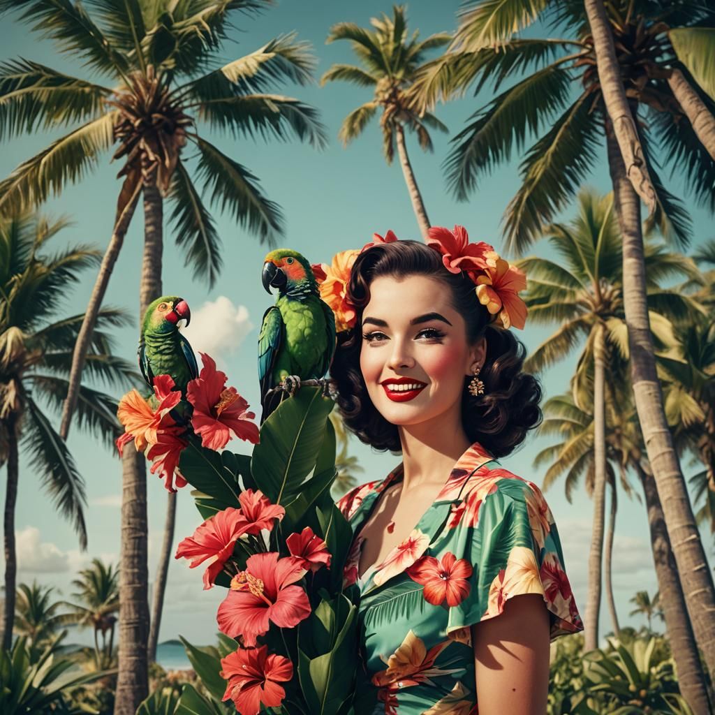 1950s Pin-Up Girl with Parrot on Tropical Beach