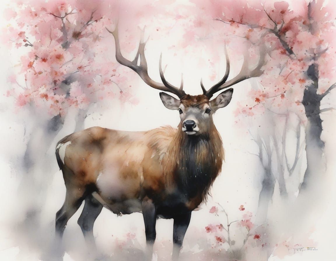 Stag with Cherry Blossom Antlers in Watercolor Forest