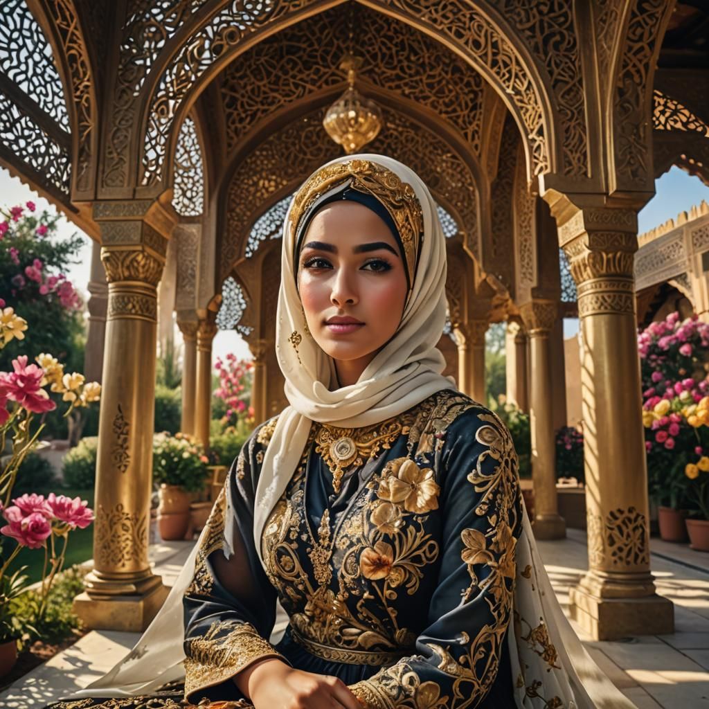 Opulent Arabic Woman in Floral Pavilion, HDR