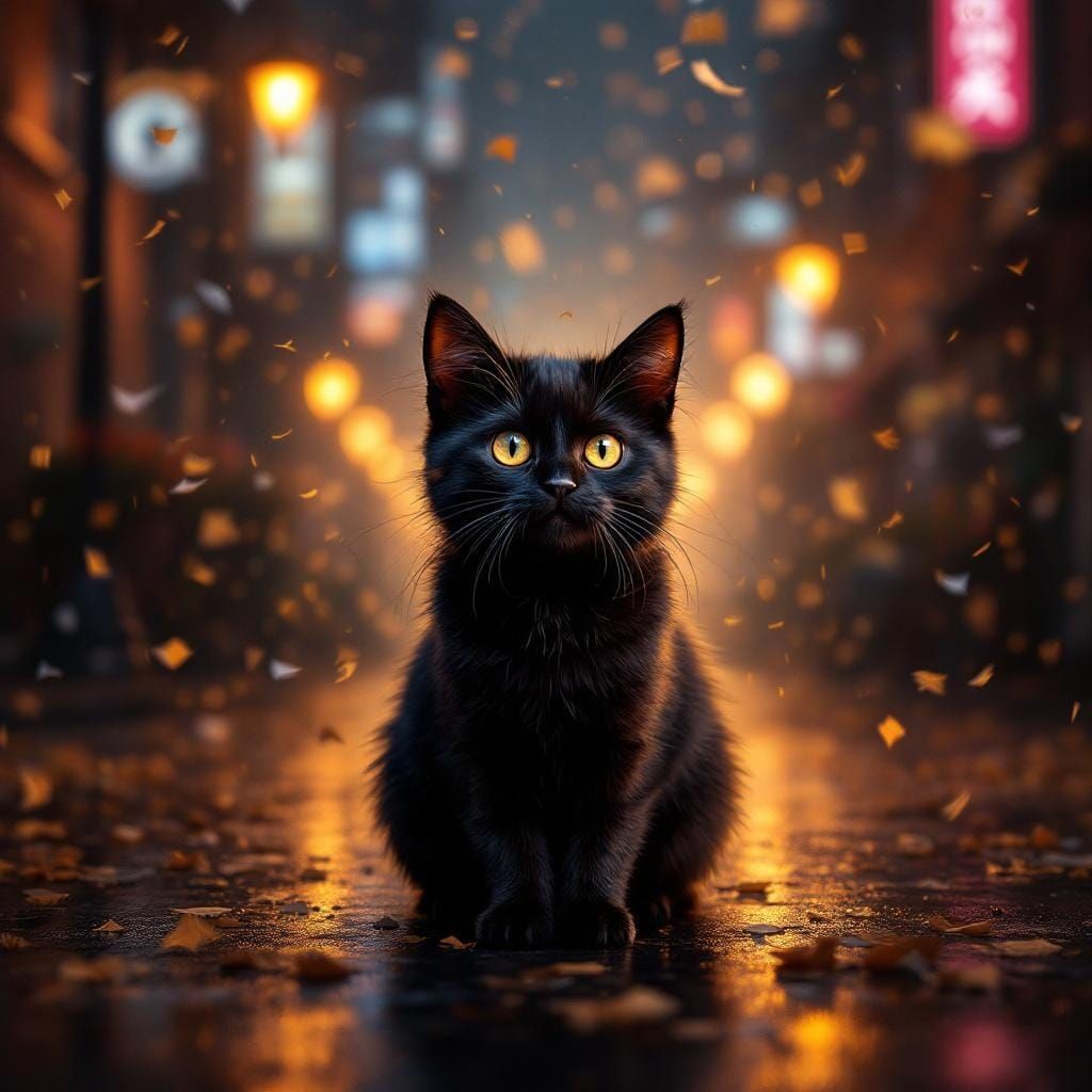 Cute Black Cat in Confetti Rain: Digital Painting