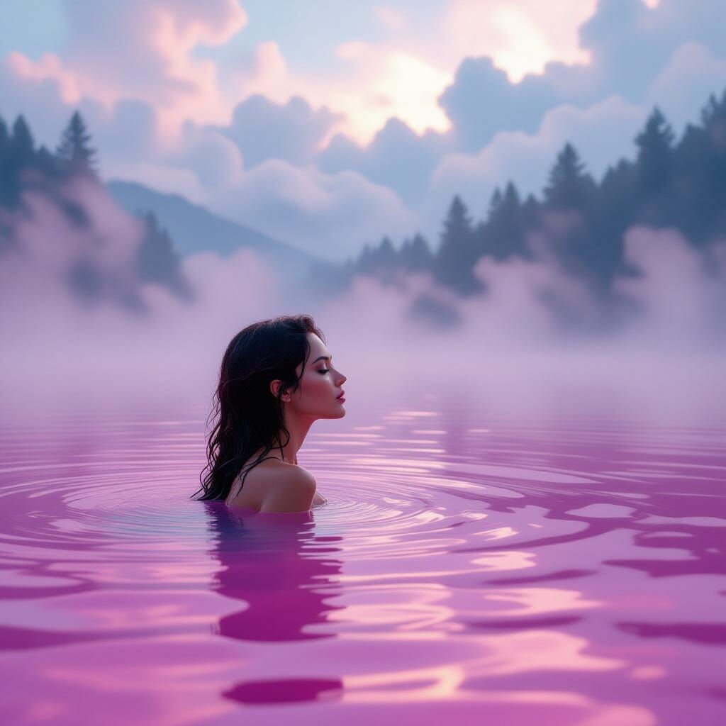 Woman Bathes in Foggy Iridescent Pink Lake