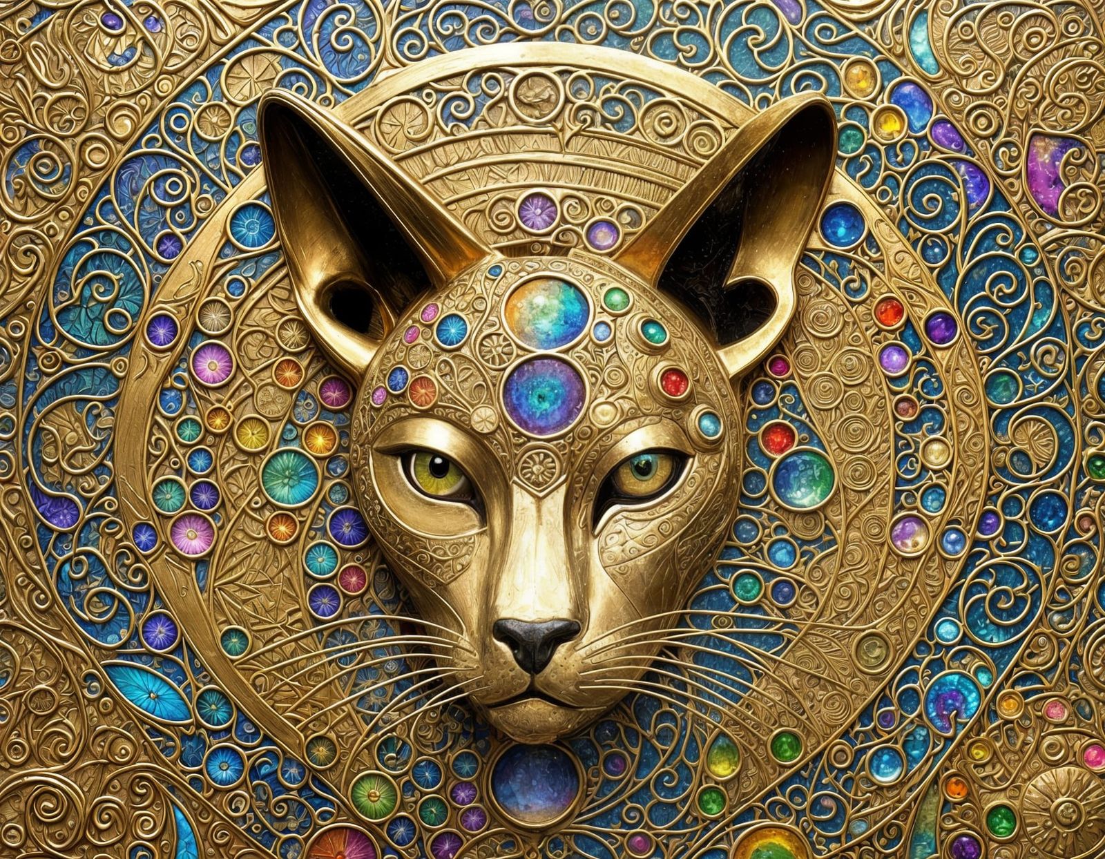 Rainbow Caracal in Gold Metal, Klimt Art Nouveau Style