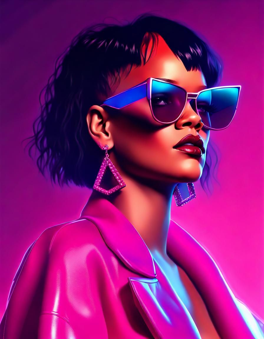Retrowave Rihanna: Realistic Digital Rendering in Rose Tones