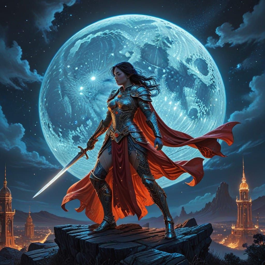 Heroic Fantasy Warrior Basks in Glowing Full Moon's Light