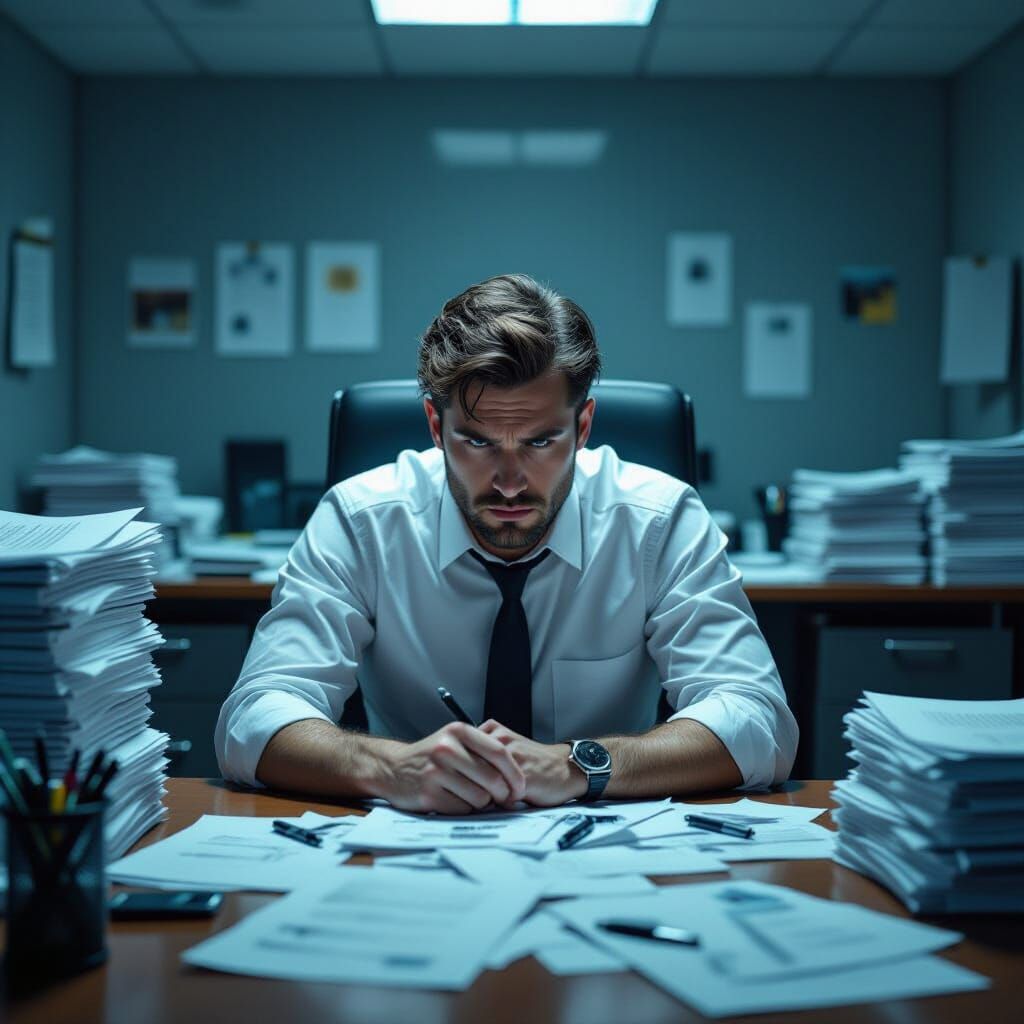 Frustrated Worker at Cluttered Desk in Dystopian Style