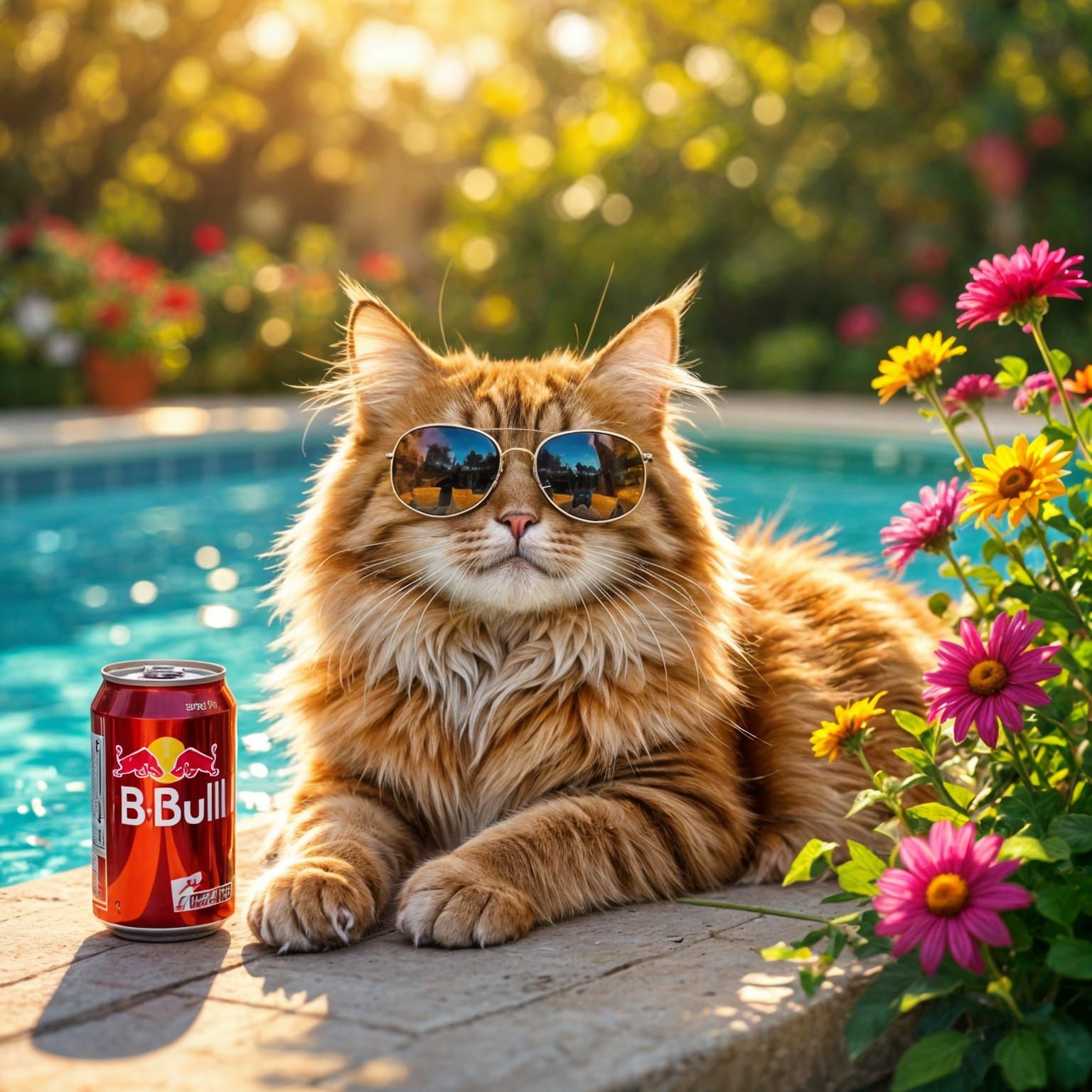 Funny Cat in Sunglasses Swims by Pool