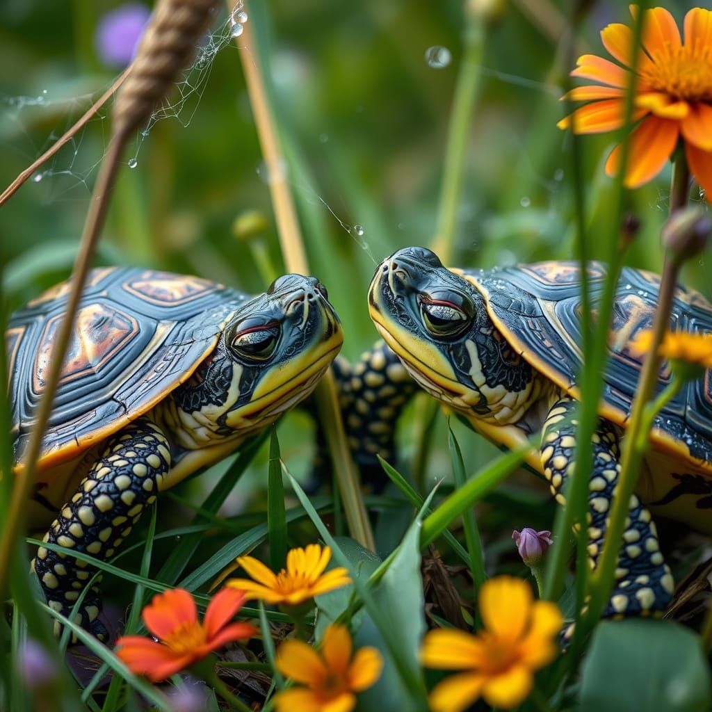 Turtles in Tender High Grass Moment