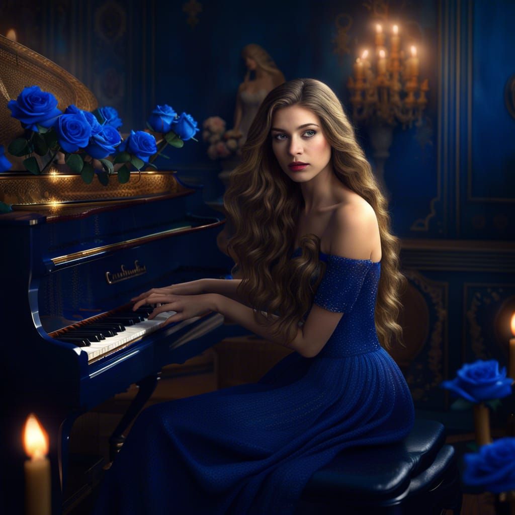 Young Pianist with Blue Roses in Fantasy Art Style