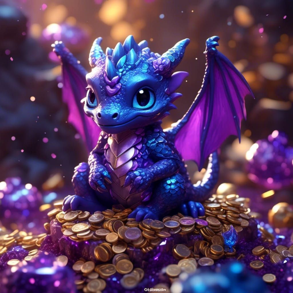 Chibi Dragon on Treasure Pile in 3D Anime Style