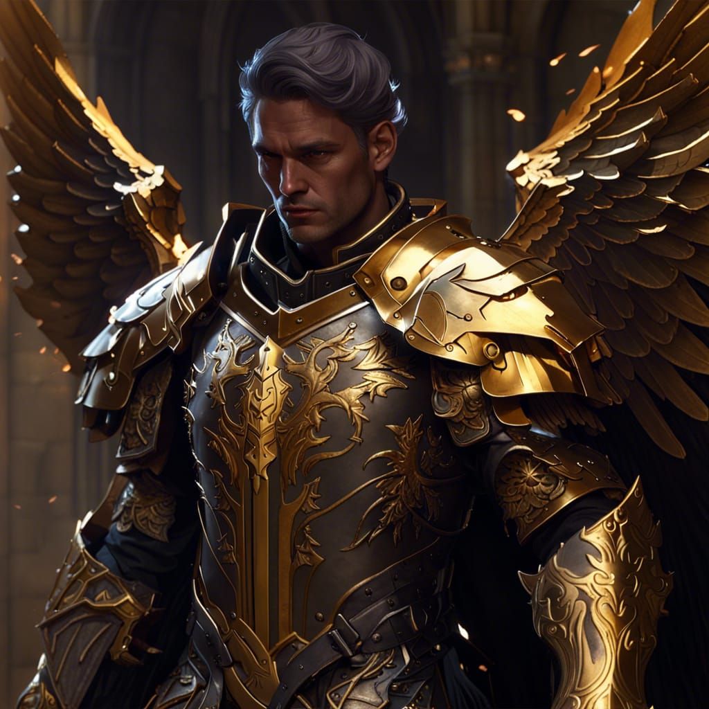 Gold Armored Paladin with Angel Wings in Dark Fantasy