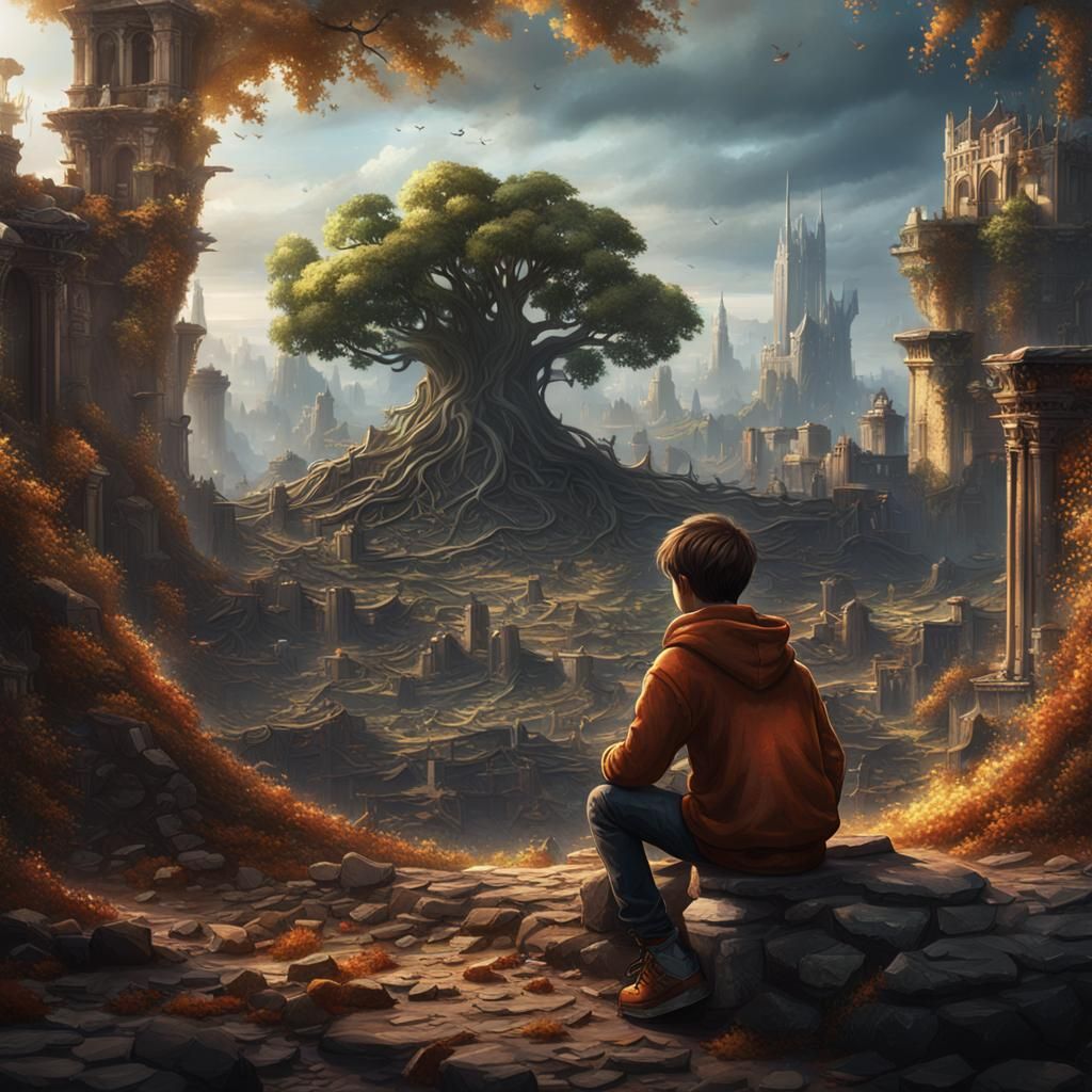 Boy Observes Ruined City: Detailed Matte Painting