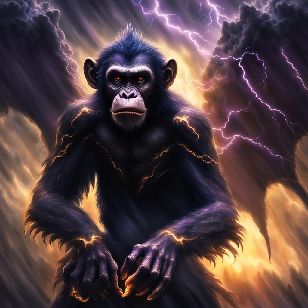 Demonic Bat-Winged Monkey Conjuring Lightning