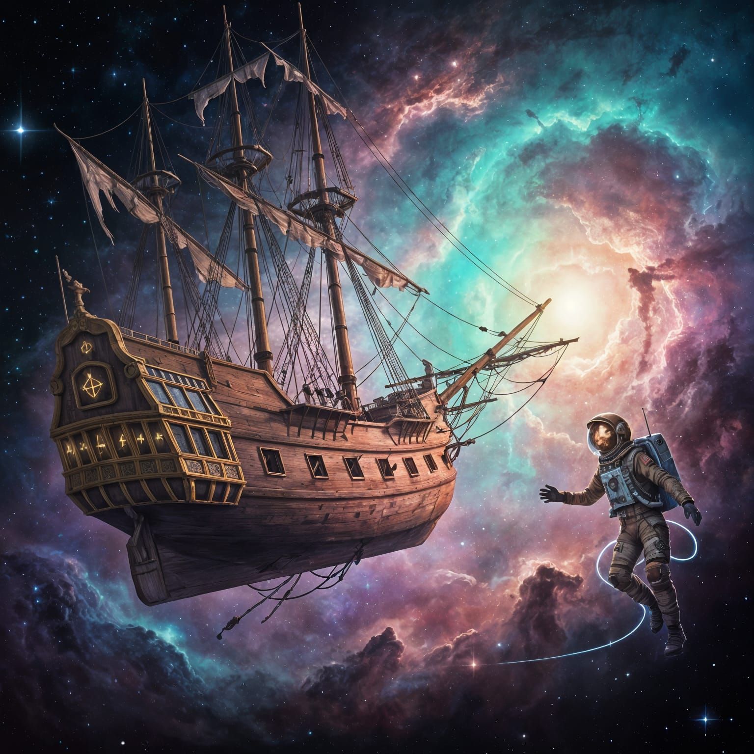 Space Galleon Drifts Through Cosmic Nebulae