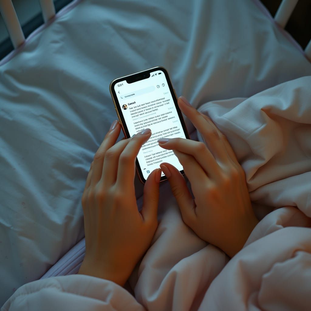 Woman's Hands with Phone in Bed, Cinematic Film Still