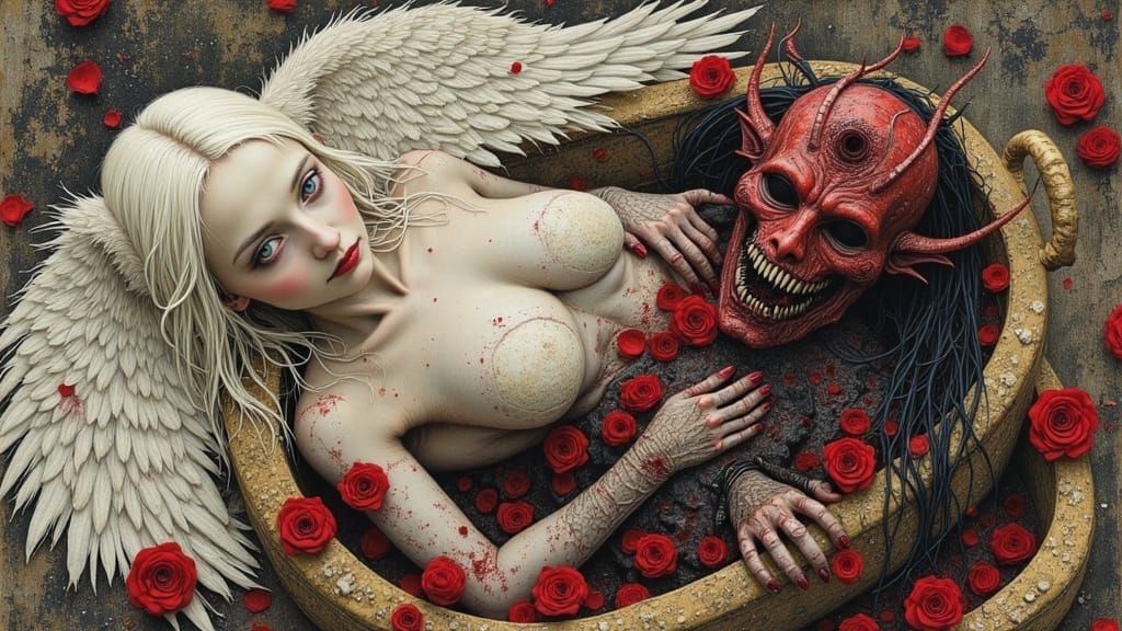 Surreal Angel and Demon Portrait in Glitchcore Style