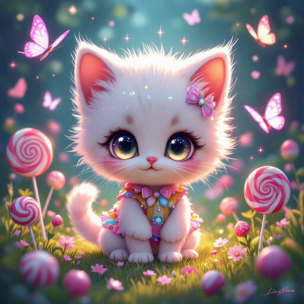 Chibi Kitten in Fantasy Garden, Digital Art