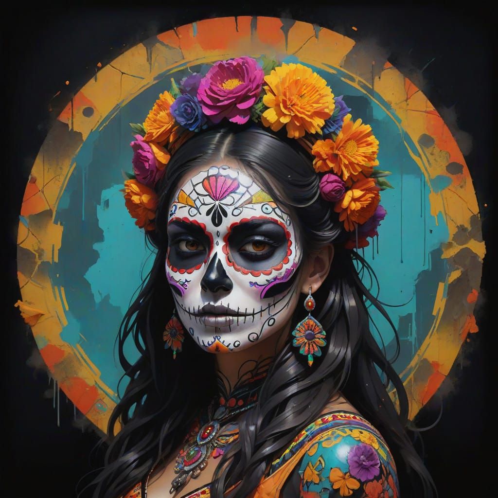 Ethereal Day of the Dead Goddess in Neon Futurism Style