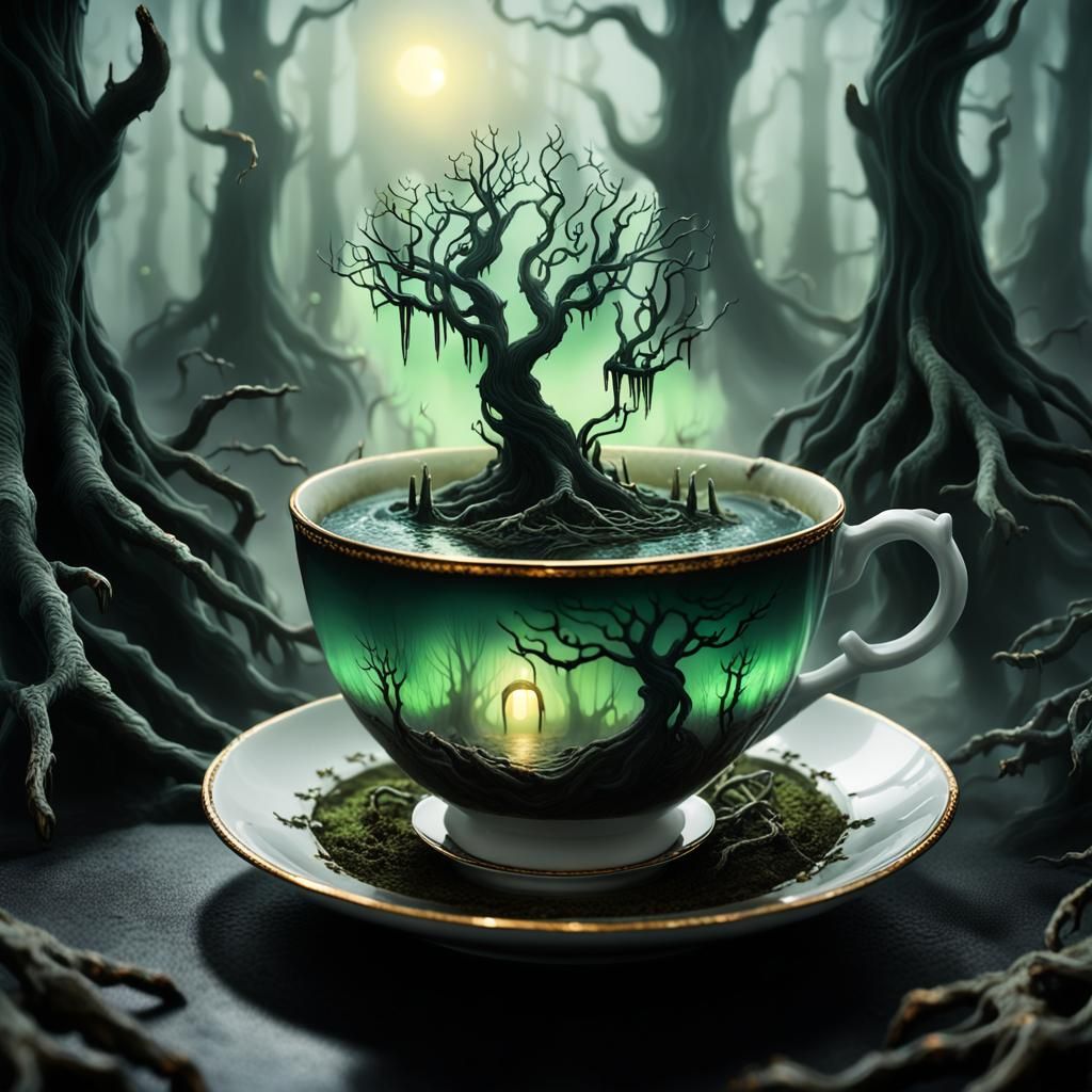 A minature haunted swamp with scary trees and glowing eyes i...