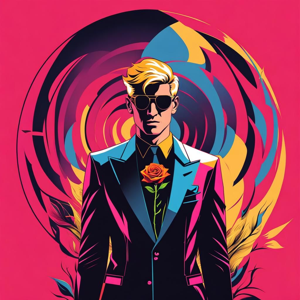 Blonde Man with Burning Rose in Pop Art Style