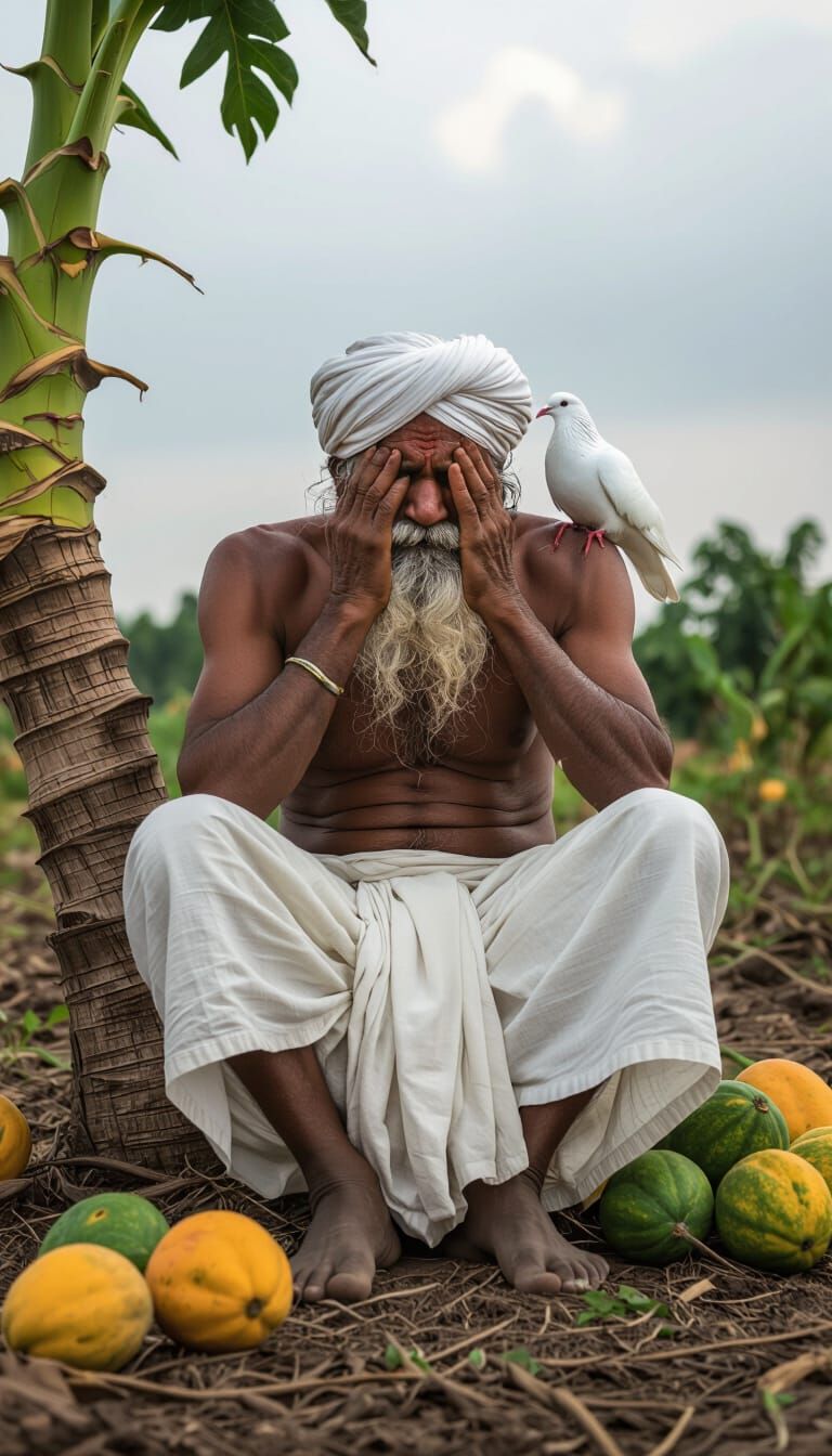 Emotional Indian Farmer in Hyper-Realistic Rural Scene