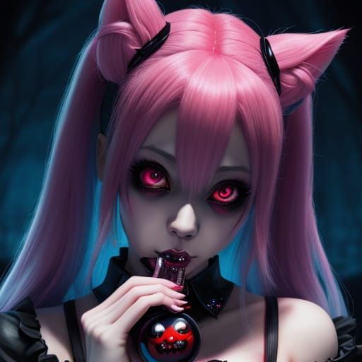 Kawaii Neko Harley Quinn in Pastel Gothic Horror Style