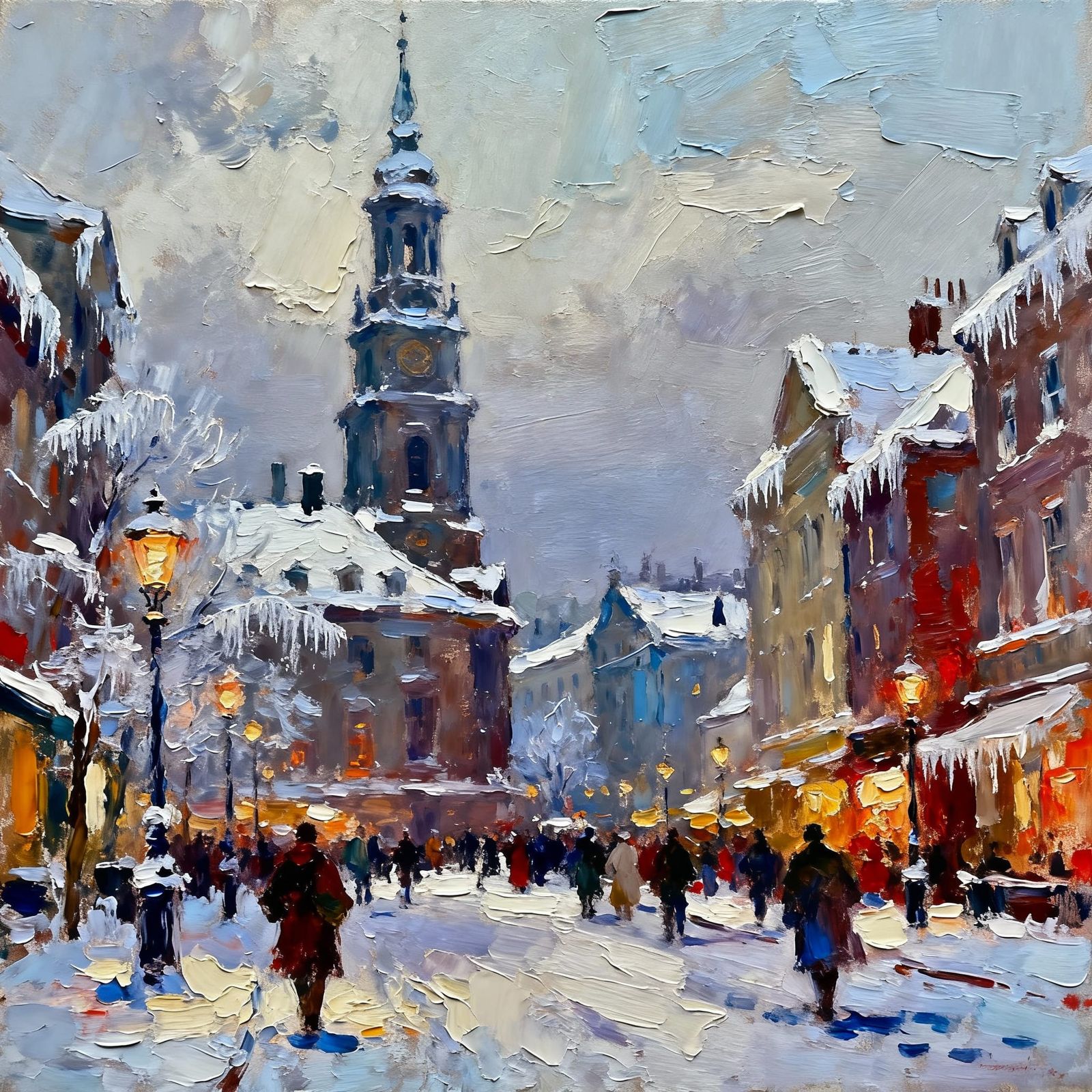 Winter Cityscape Impasto Painting