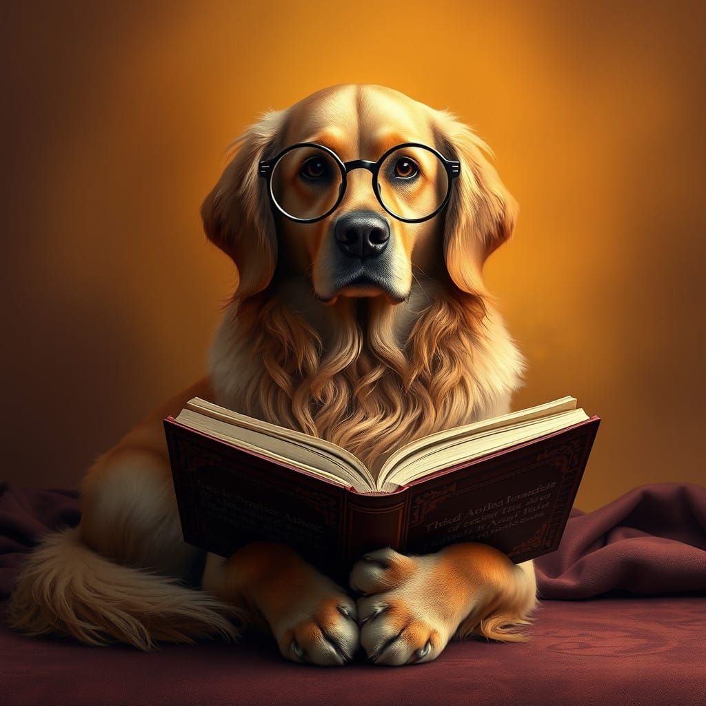 Golden Retriever Scholar Lost in Enchanting Literary Realm