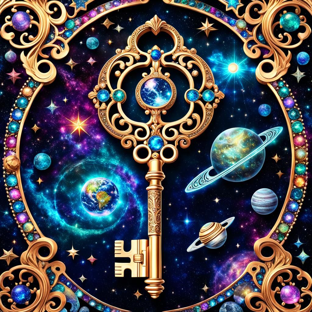 Ornate Jeweled Key with Cosmic Astral Background