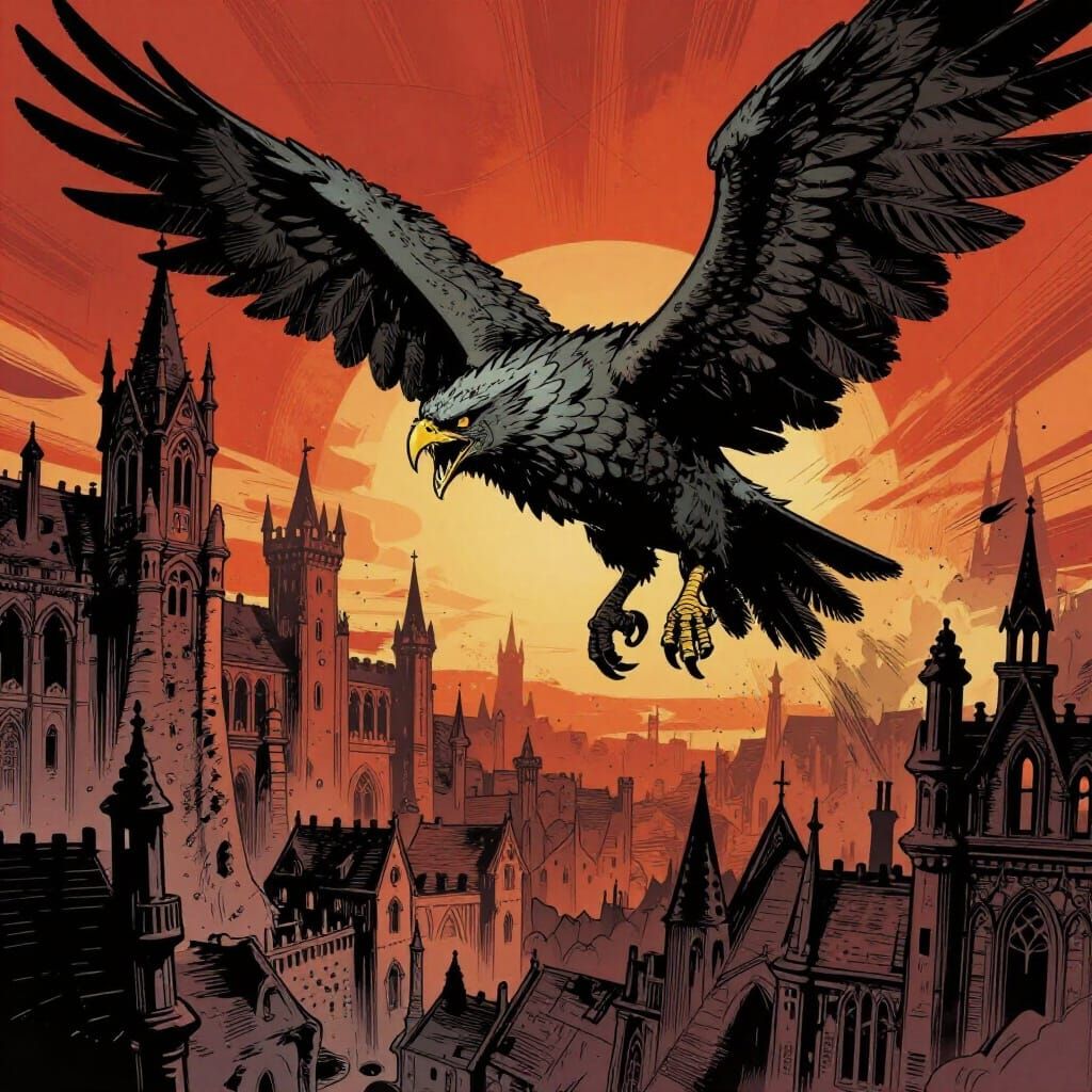 Terrifying Harpy Attacks Medieval City in Dynamic Comic Styl...