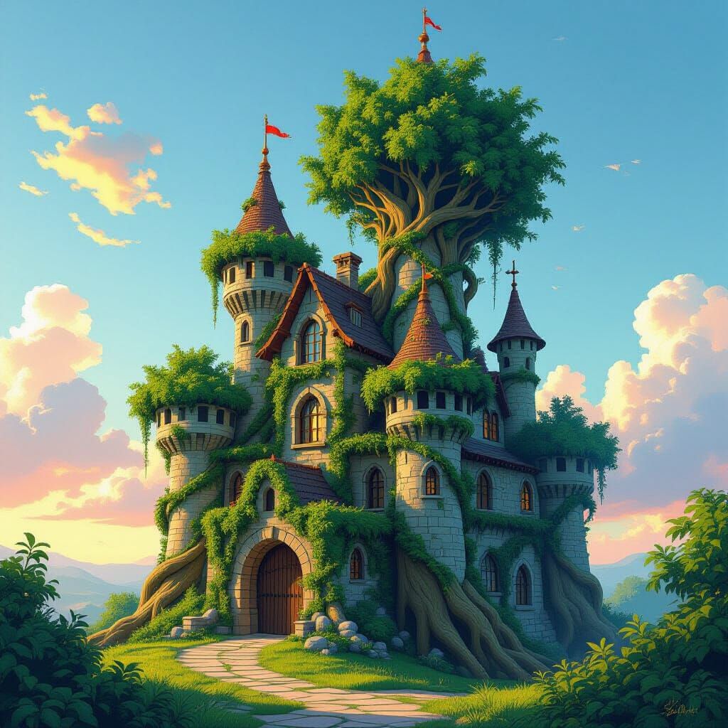 Lush Living Tree Castle at Sunset