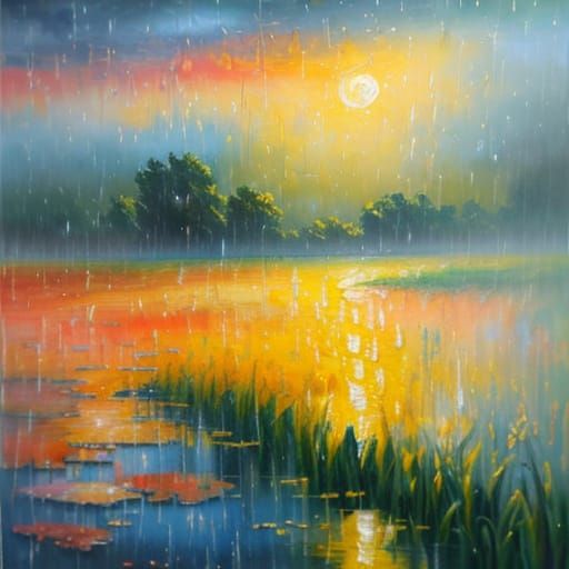 Rain and Sun Embrace in Vibrant Neo-Impressionist Landscape