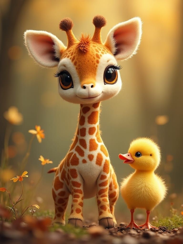 Whimsical Baby Giraffe and Duckling in Magical Forest