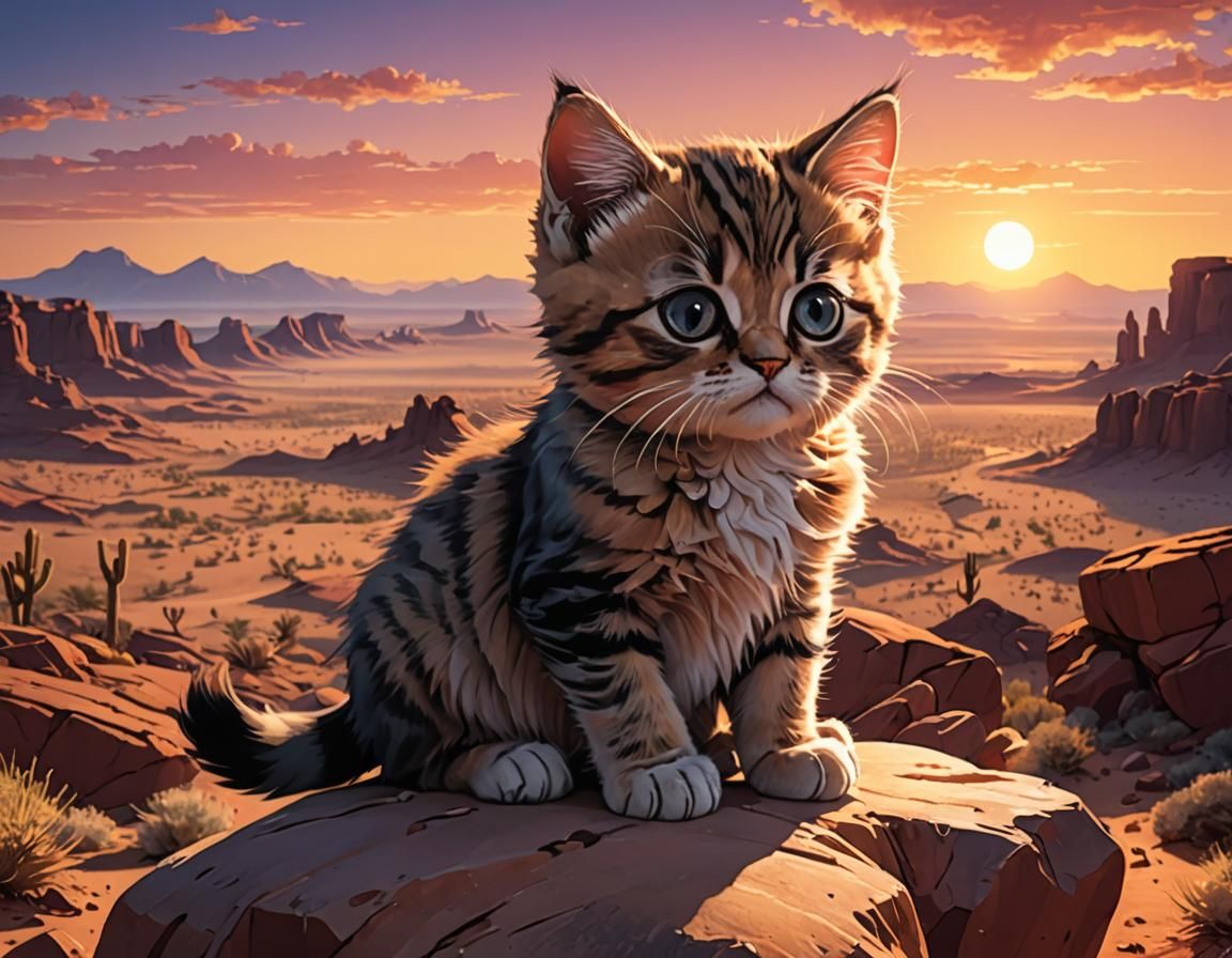 Grumpy Kitten at Desert Sunset: Manga Anime Style
