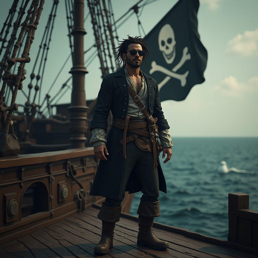 Pirate with Dreadlocks on Ship, Cinematic Digital Art