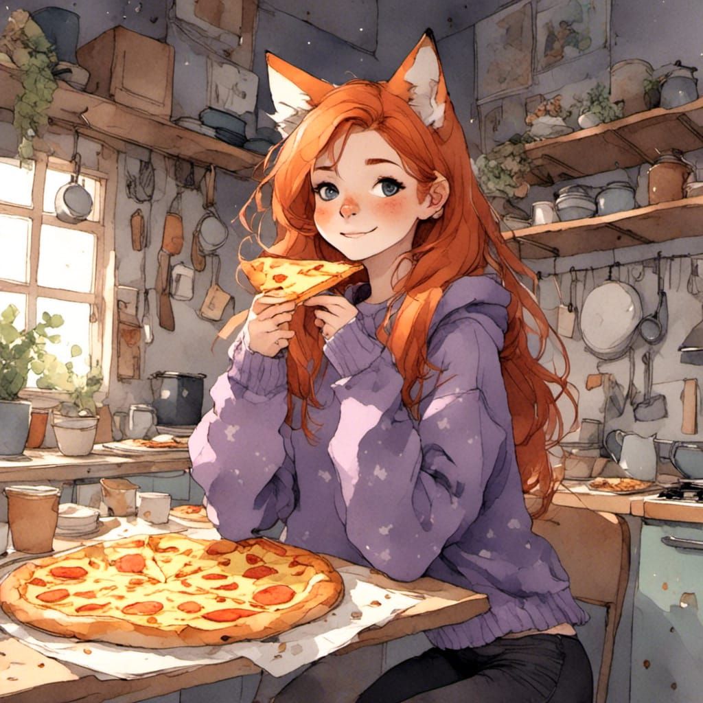 Fox-girl VIXEN ginger hair, freckles,  wearing a violet sweater, dark leggings, eating pizza in her kitchen