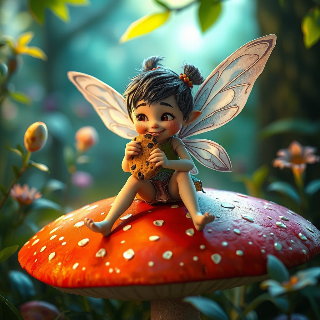 Whimsical Fairy Savoring Cookie in Dreamlike Setting
