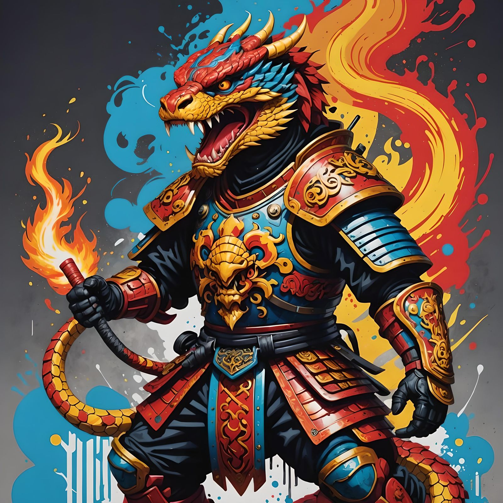 Fiery Snake Samurai: Vivid Graffiti Art