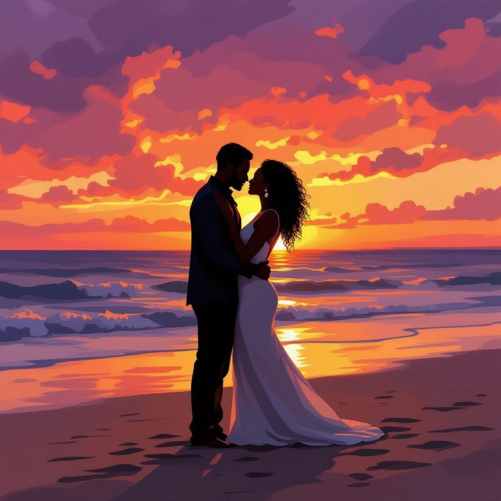 Loving Couple Silhouettes at Sunset Beach