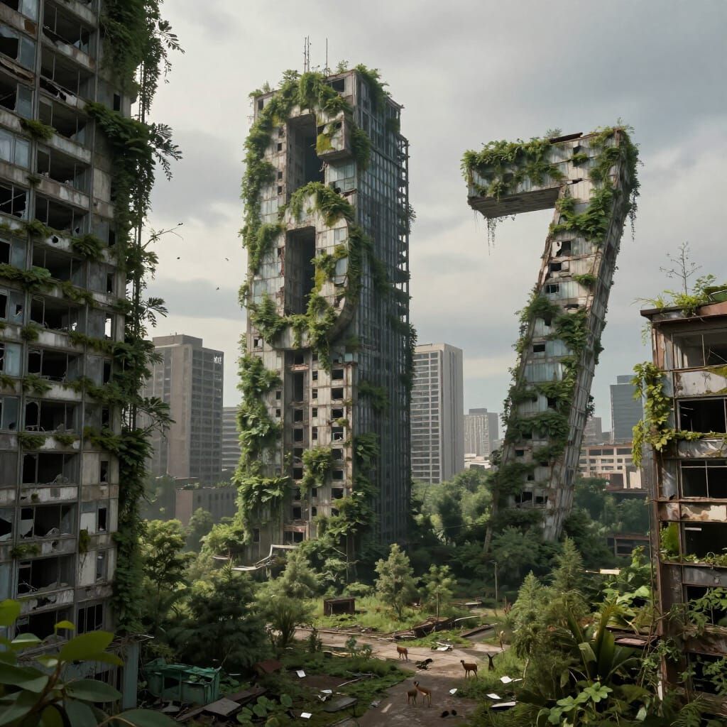 Nature Reclaims Abandoned Cityscape: Skyscrapers Overgrown