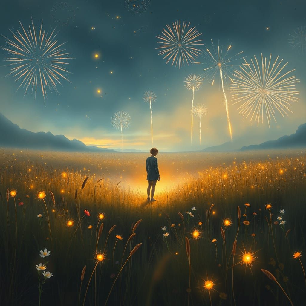 Ethereal Night Scene with Fireworks and Fireflies in Whimsic...