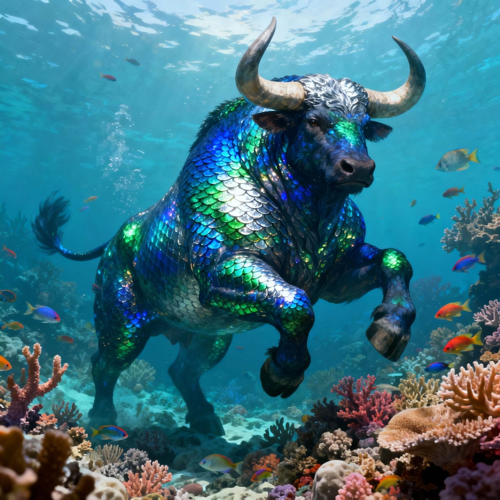 a vivid illustration of Quinotaur, a majestic and mythical s...