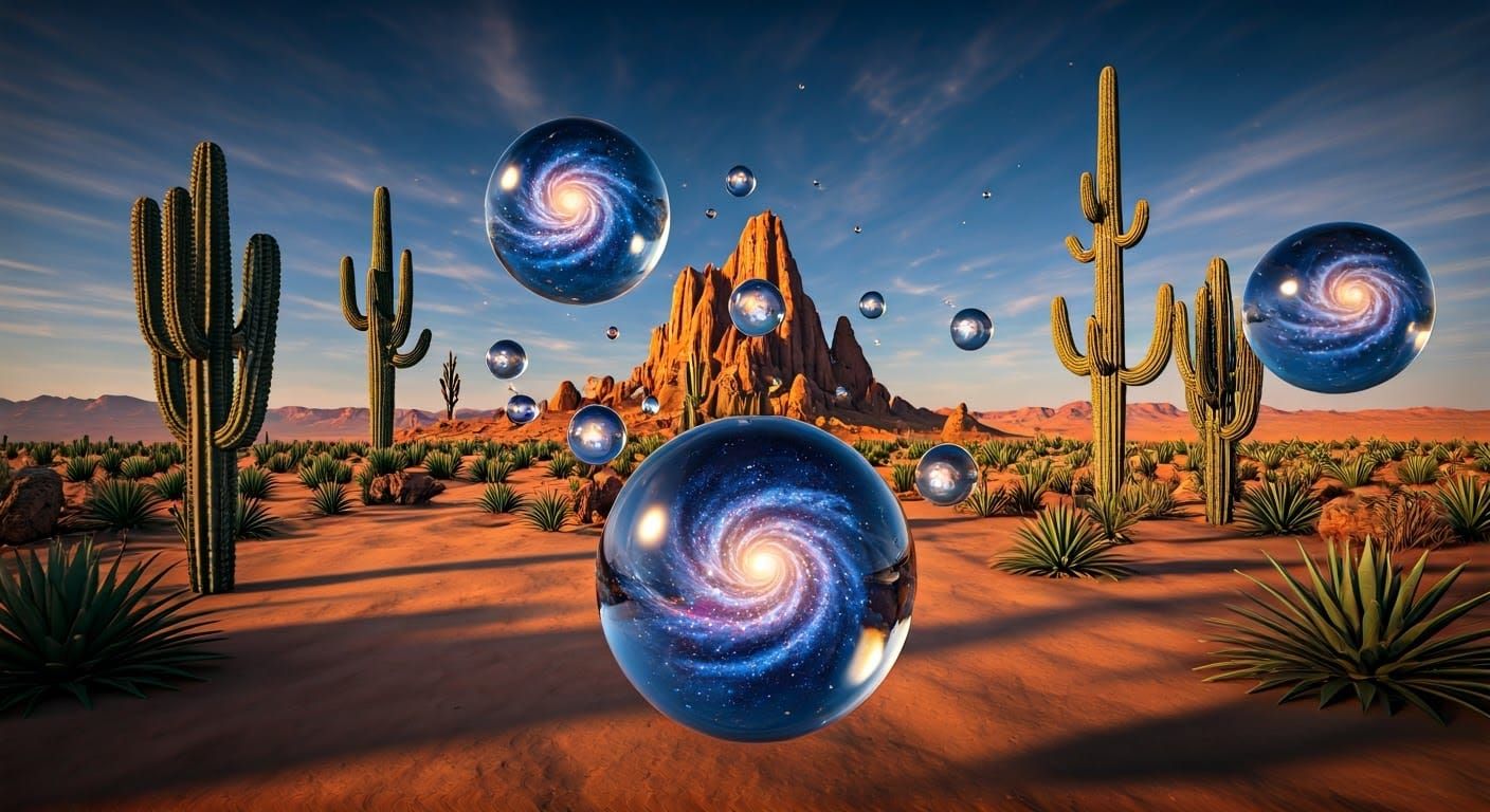 Hyperrealistic Desert Landscape with Cosmic Crystal Balls