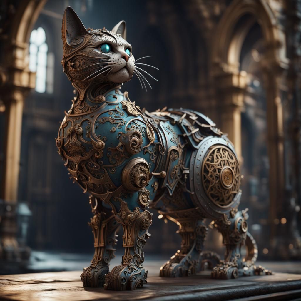 Detailed Metal Cat Sculpture: Digital Art