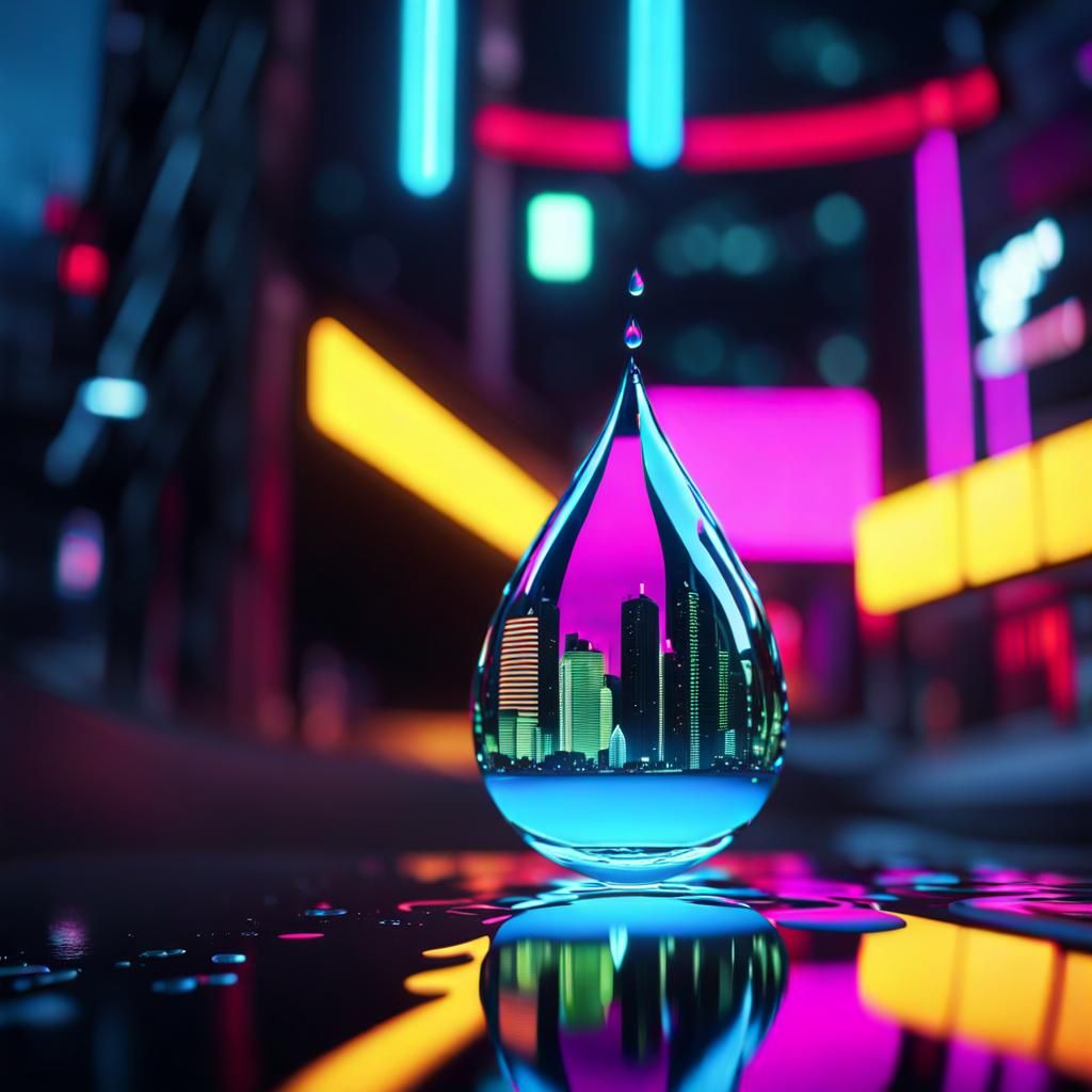 Cyberpunk City Reflected in Water Drop