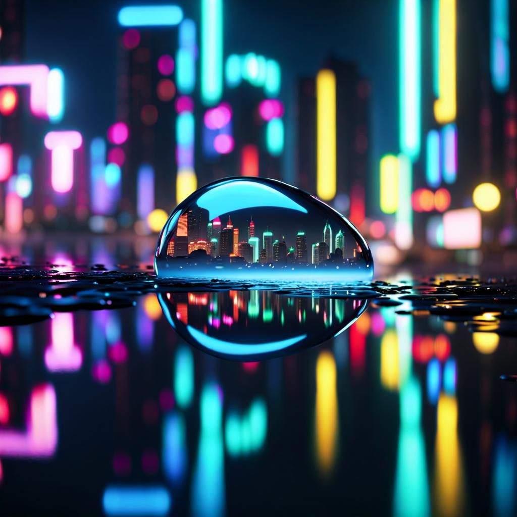 Cyberpunk Cityscape Reflected in Water Drop