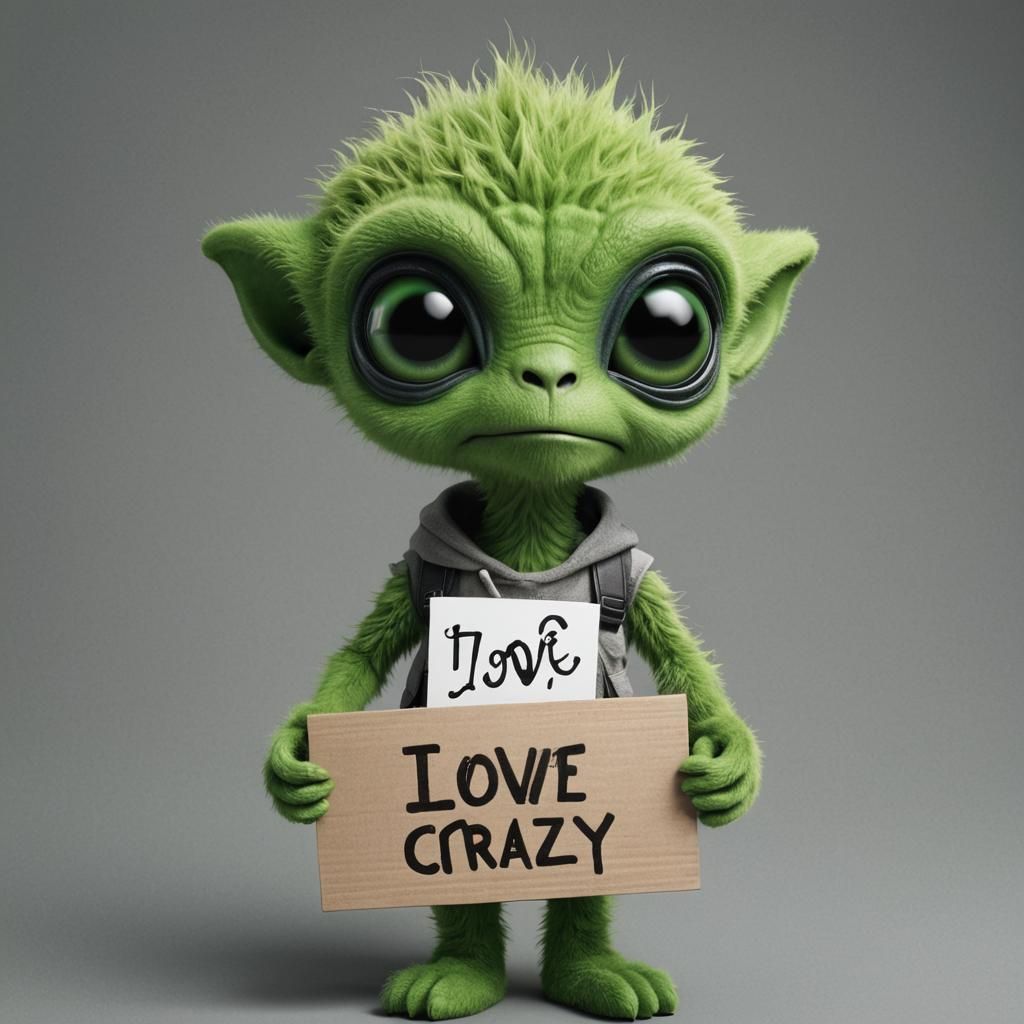 Realistic Fuzzy Green Alien Holding 'I Love Crazy' Sign