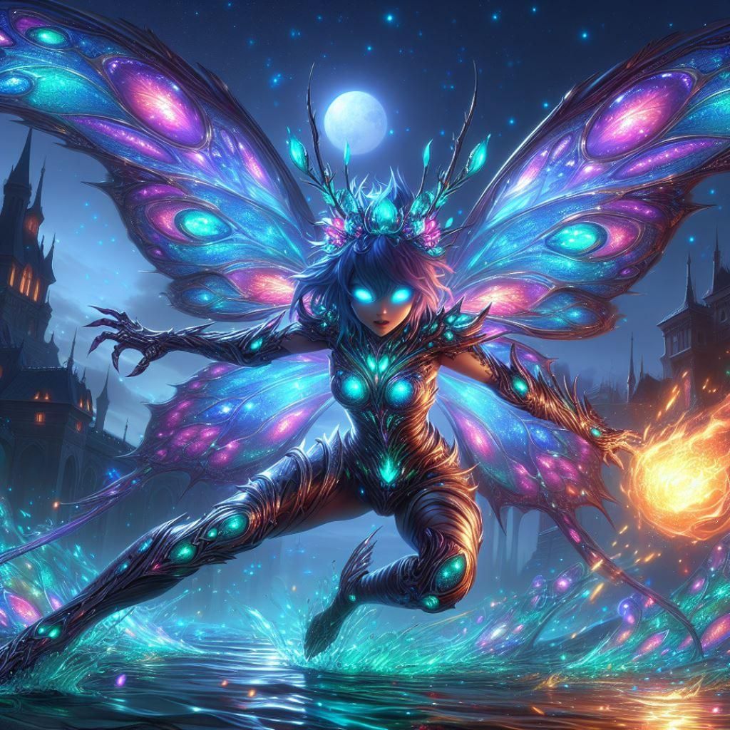 Butterfly Girl Dodging Arrow in Bioluminescent Action Shot