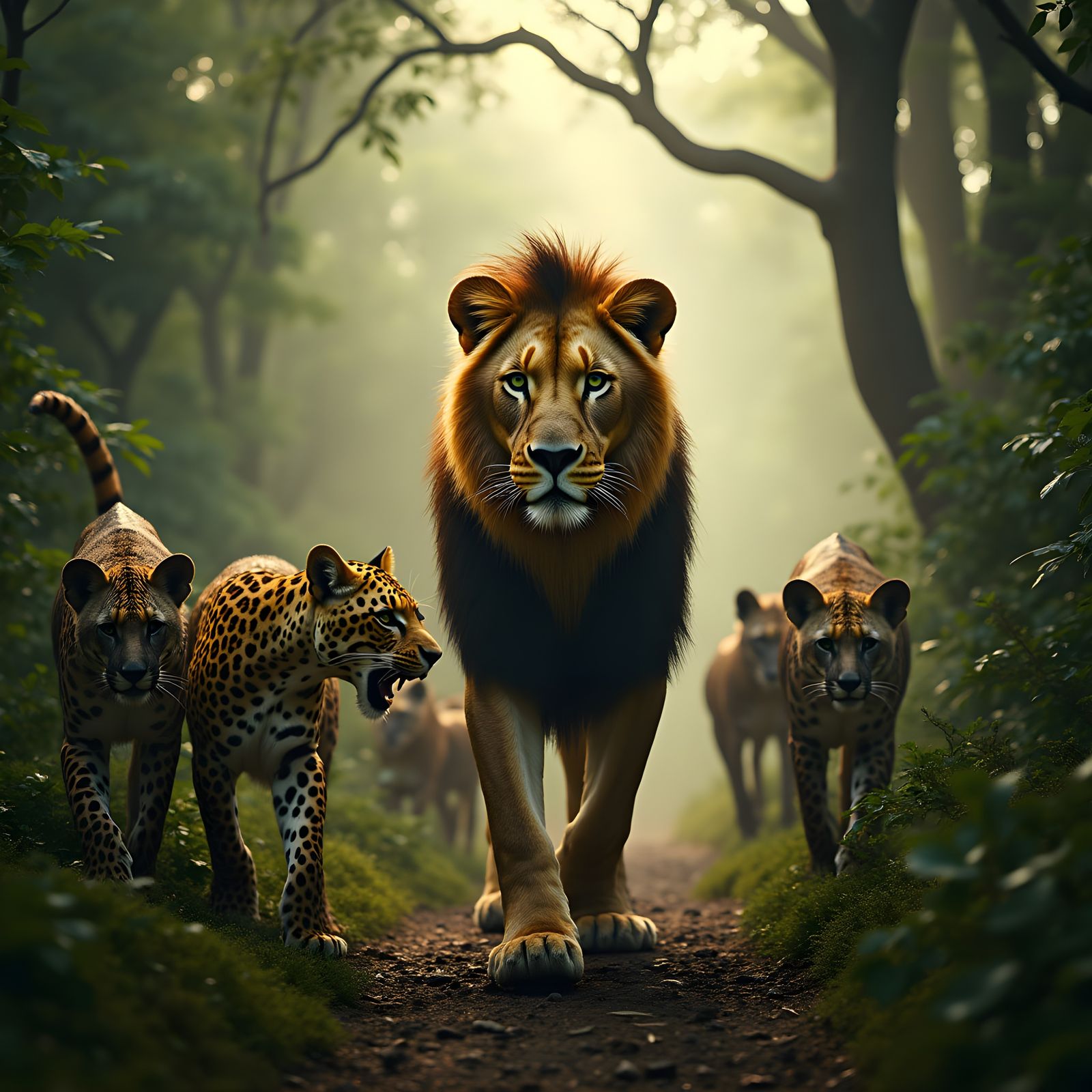 Imposing Lion Walking in Jungle with Ferocious Animals