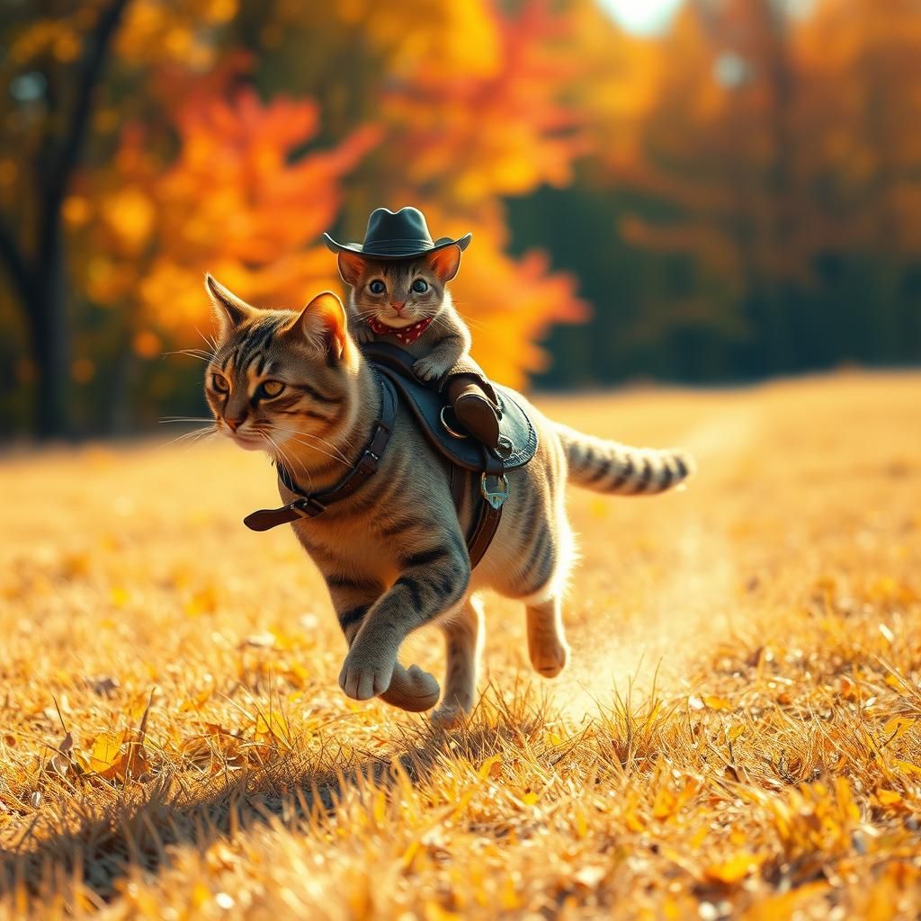 Mouse Cowboy Rides Cat in Autumnal Landscape